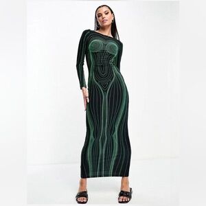 Chic Black and Green Long Sleeve Dress